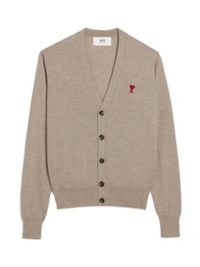 AMI Beige V-Neck Cardigan with Red Heart Logo